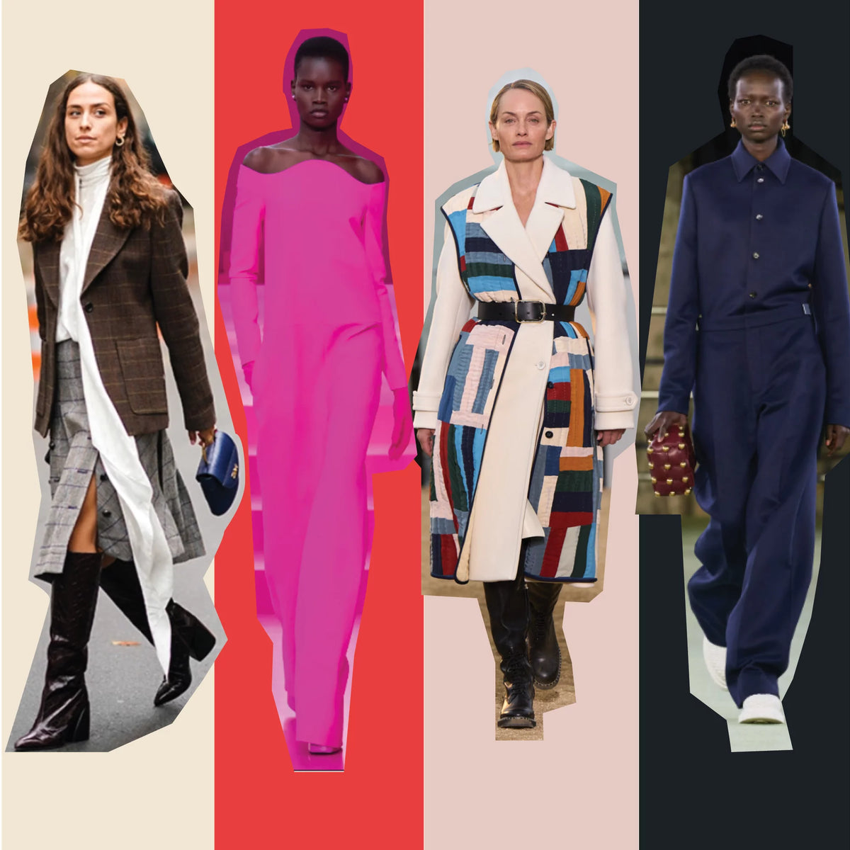 A classic, high-end fashion collage featuring an effortless blazer outfit, a fun fuchsia gown, a patchwork coat, and a navy jumpsuit.