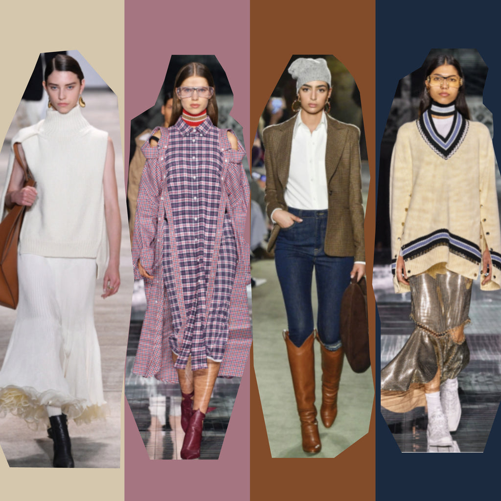 Collage of four runway looks: classic chunky sweater, effortless checked shirtdress, fun tweed blazer ensemble, and high-end pleated skirt with striped sweater.