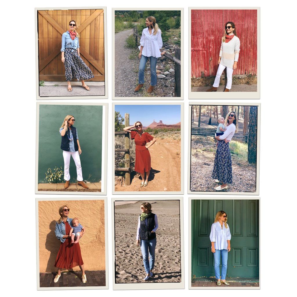 A nine-panel collage of a woman modeling classic, effortless outfits with denim, skirts, dresses, and layering pieces, embodying fun and high-end style.