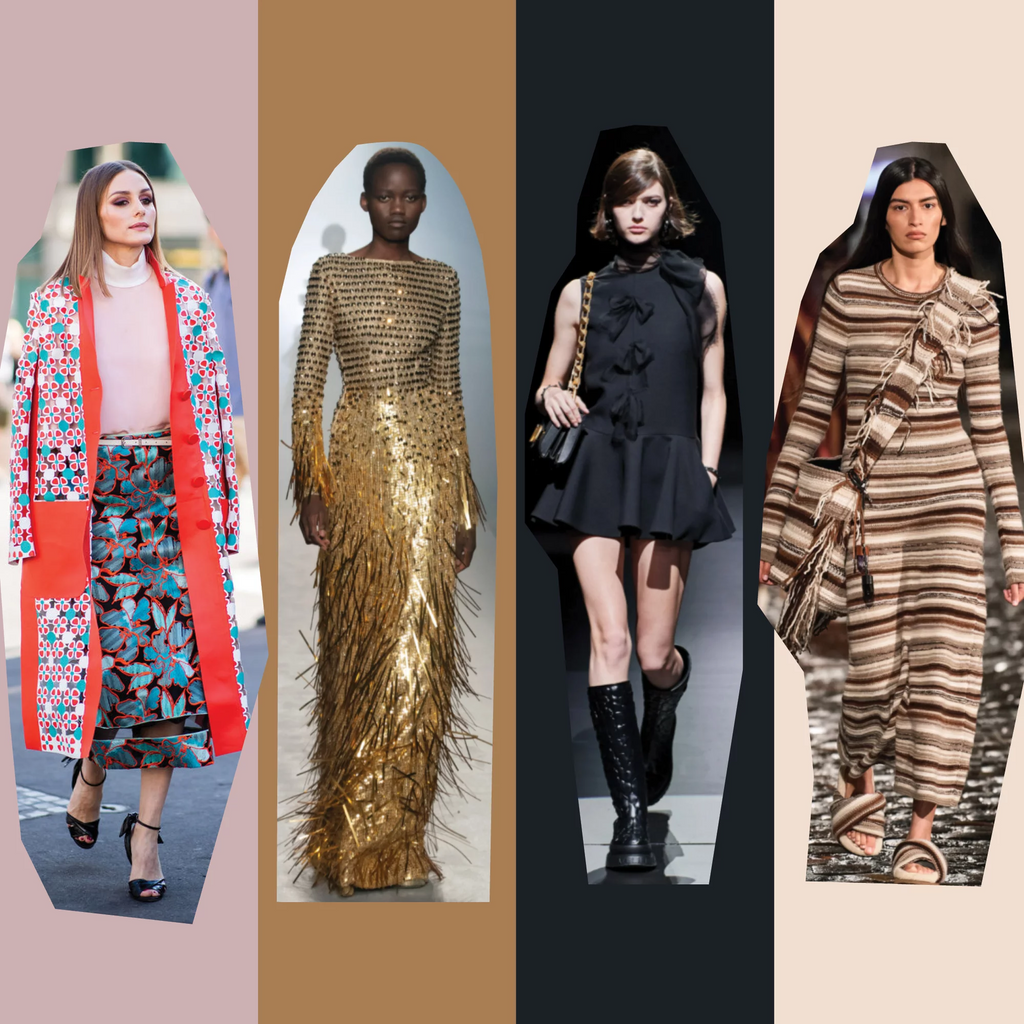 Four-panel collage showcasing classic, high-end fashion: graphic-print coat, gold-sequined gown, black dress with bows, and striped knit dress, exuding effortless fun.