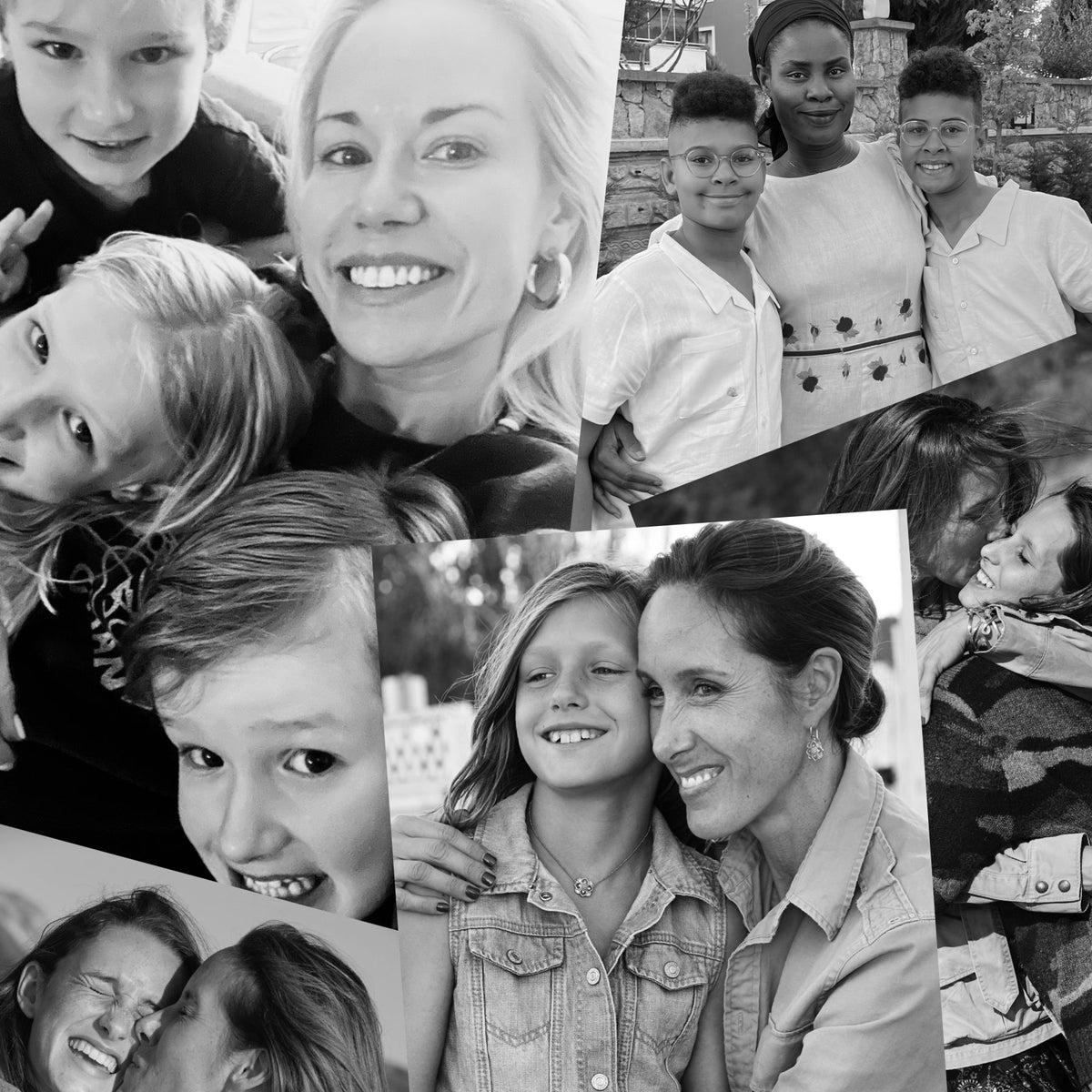 A classic black-and-white collage of mothers and children, showcasing effortless joy and warmth through fun, affectionate poses and high-end family togetherness.