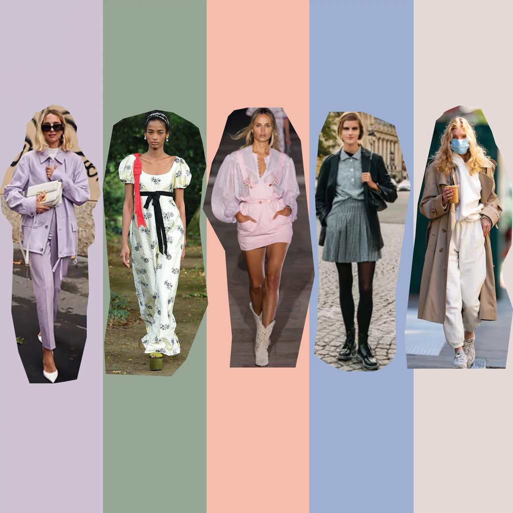 Stylized collage of women in classic, high-end outfits: lavender suit, floral dress, pink mini, sporty-preppy look, and effortless trench coat ensemble.