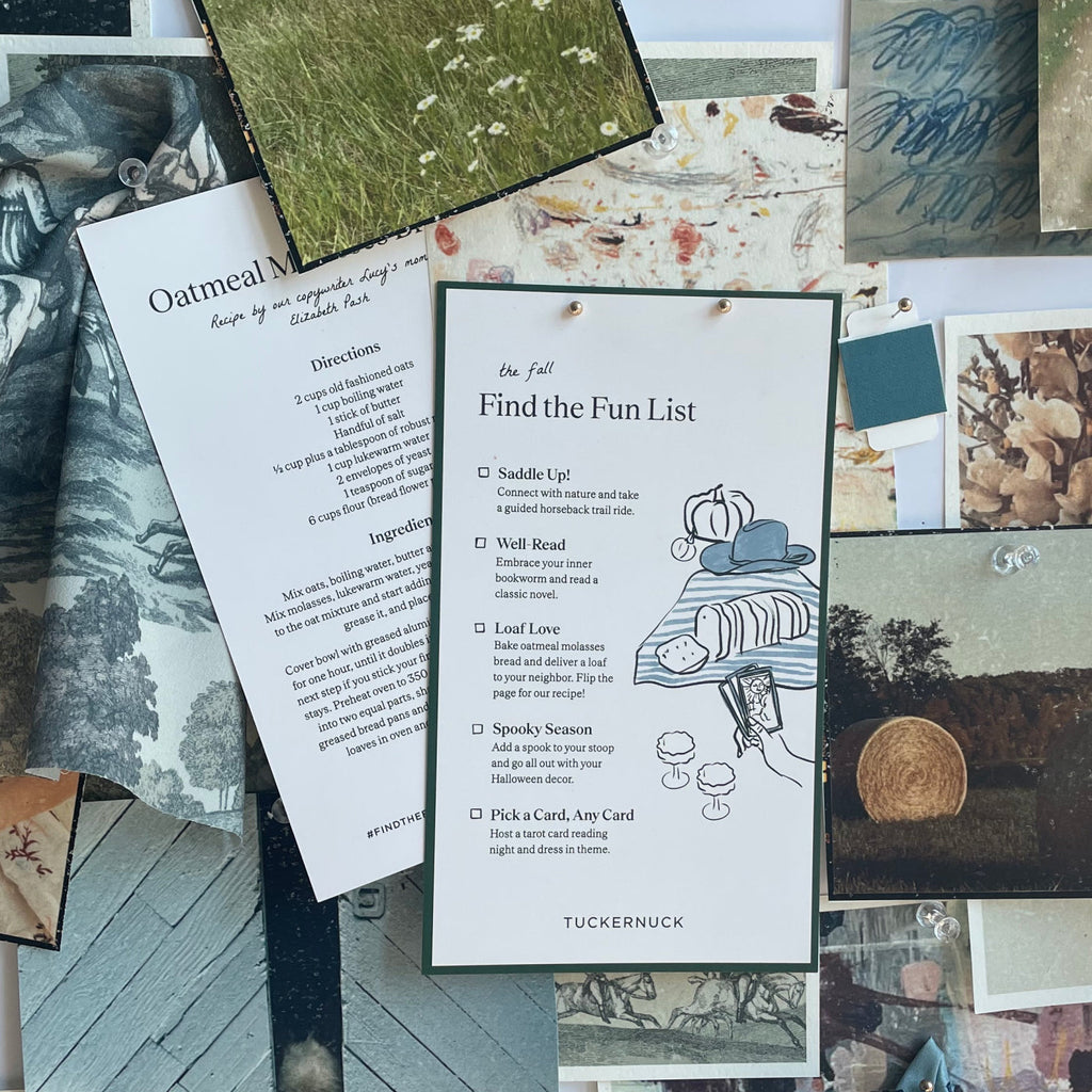 A mood board with Tuckernuck's Find the Fun List for autumn, including activities like horseback riding and baking classic oatmeal molasses bread.