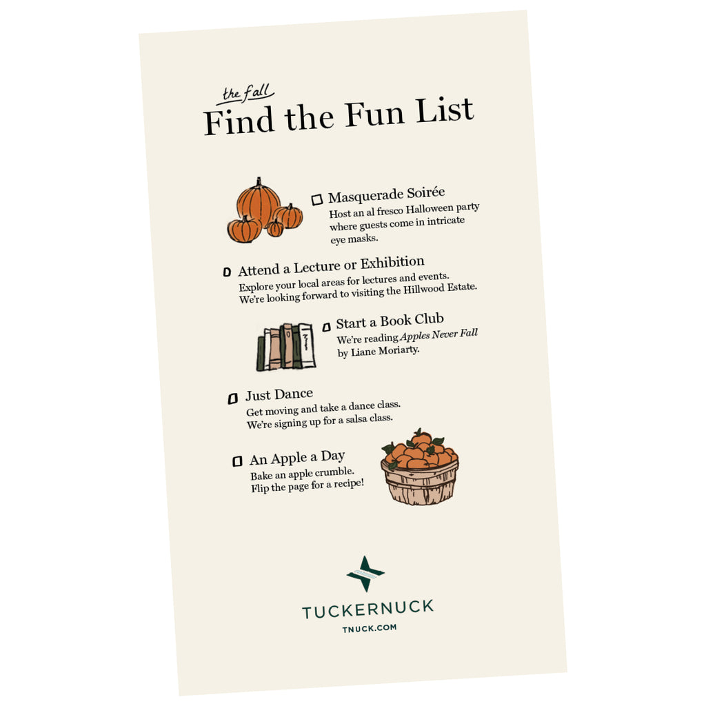 Fall-themed checklist graphic featuring classic, effortless activities like a masquerade soirée, book club, dance class, and apple picking, embodying Tuckernuck's fun, high-end style.