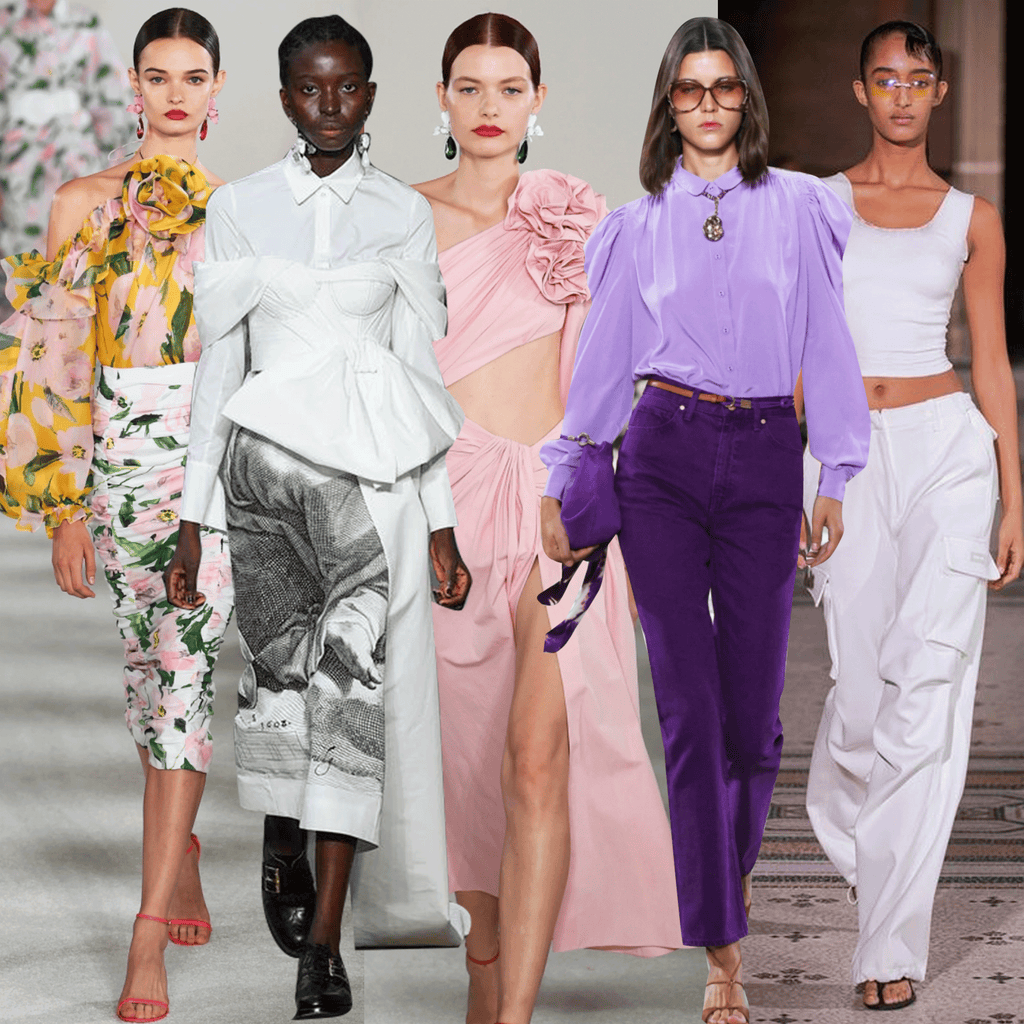 A montage of runway models in classic, high-end fashion: bold florals, sculptural whites, draped pastels, vibrant purples, and effortless, fun utilitarian styles.