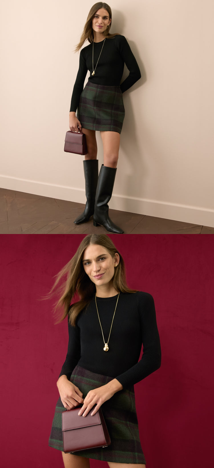 Woman standing in a black long-sleeved crewneck and a green plaid mini skirt.