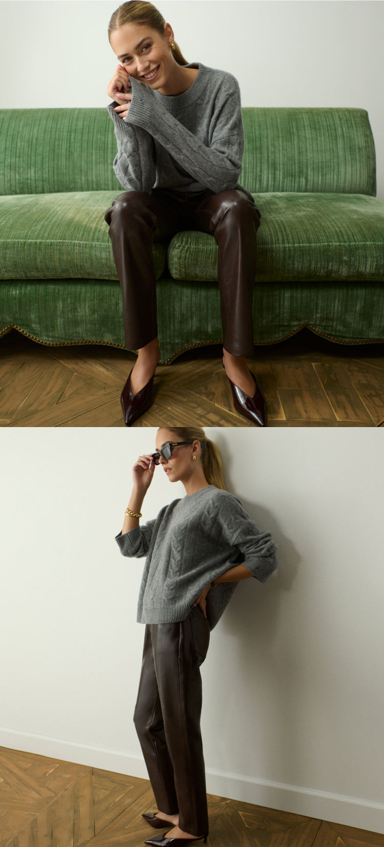 Woman in a grey sweater and brown leather pants and patent leather heels.