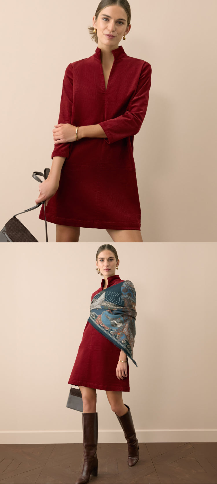 Woman in a red corduroy dress and blue scarf.