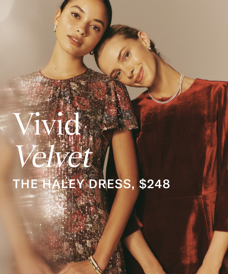 Two woman standing together. One in a sequined dress and the other in a red velvet dress. Copy on the image says Vivid velvet, the Haley dress, $248.