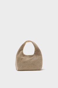 Gold Diamante Kenzie Bag: A classic, effortless hobo bag adorned with shimmering gold-tone beads, featuring a cut-out handle and soft silhouette for high-end, fun style.
