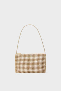 Gold Rhinestone Diamante Clutch: A classic, high-end baguette purse with shimmering rhinestones, top zip closure, and a matching gold strap for effortless, fun elegance.