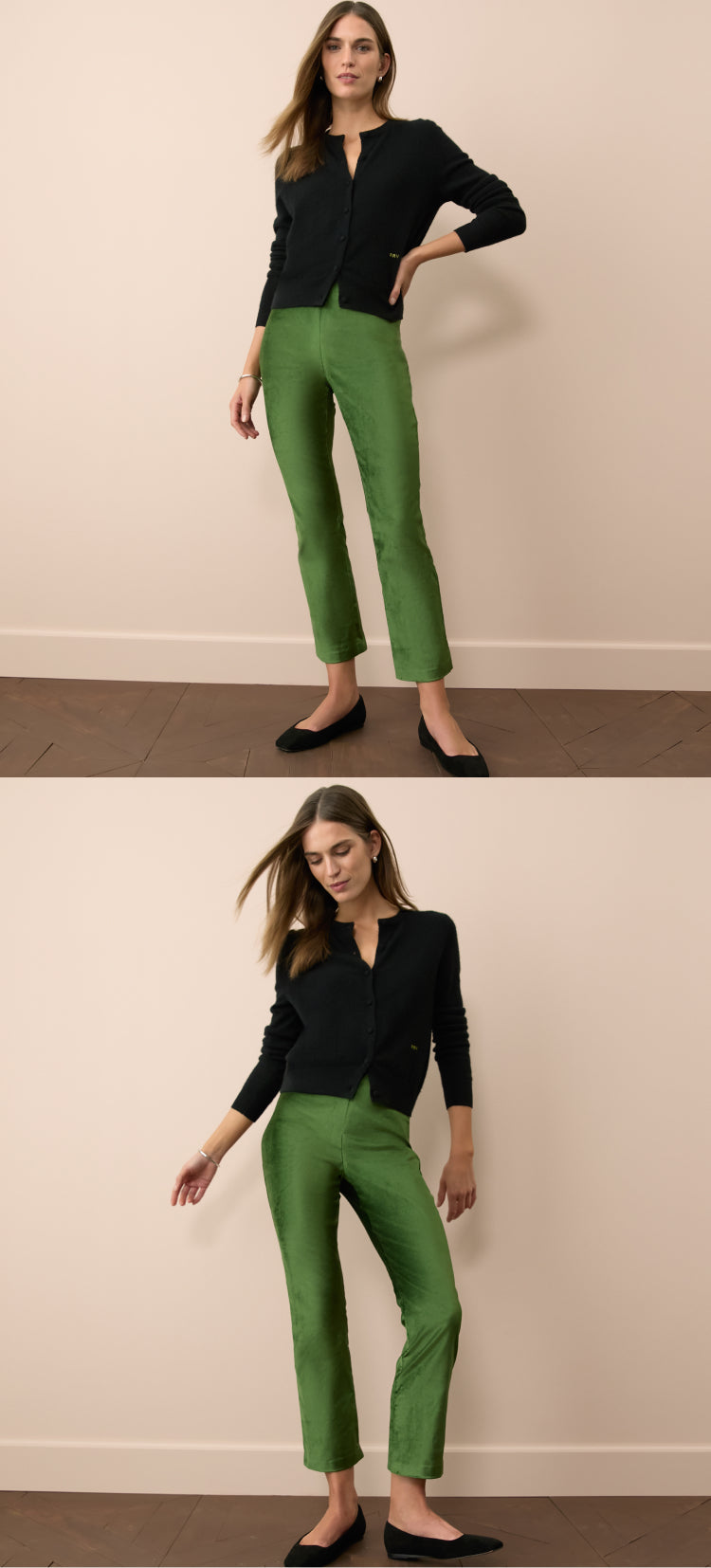 Woman standing in a black cashmere cardigan, green velvet pants, and black flats.