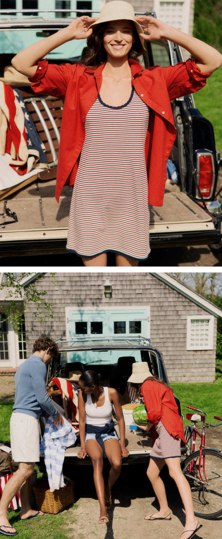 Top: Woman standing with her hands on her head in a red button down and a red white and blue striped dress. Bottom: People sitting on the back of a Wagoneer.