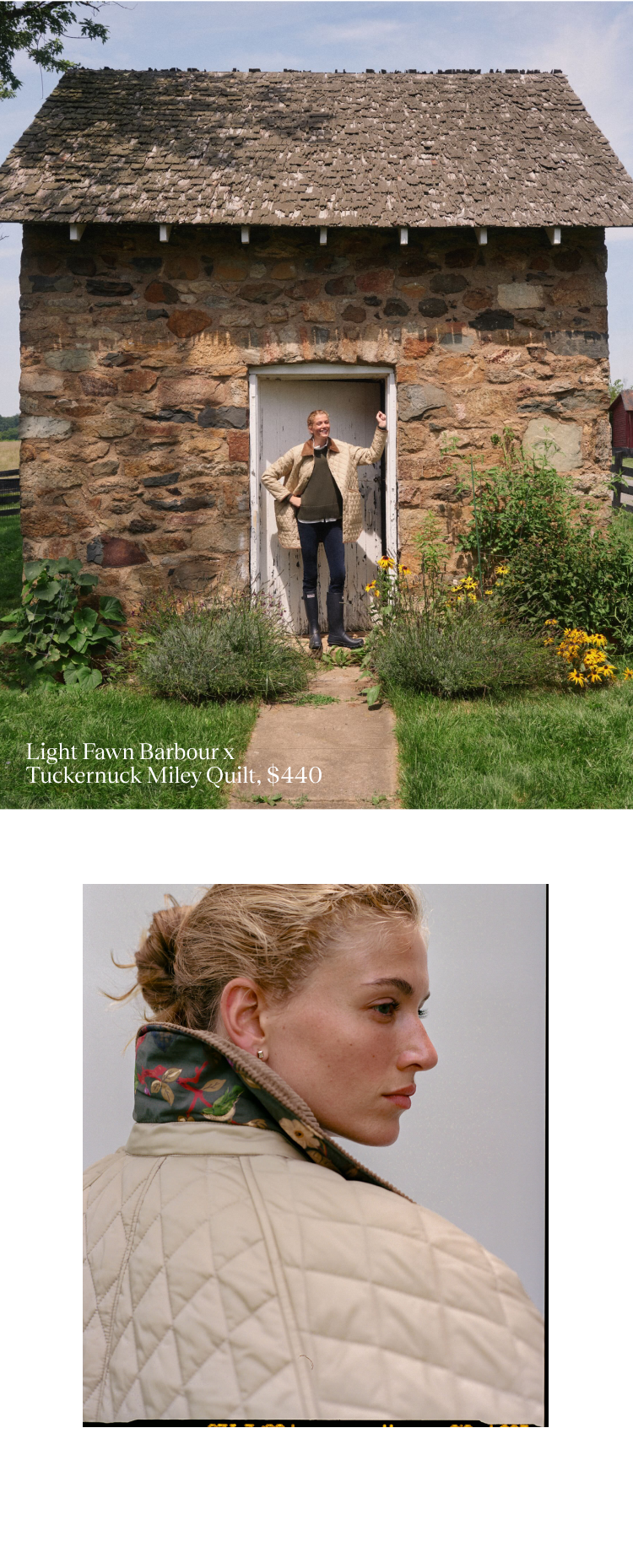 Image one: Woman standing in front of a small cottage in a long tan jacket and leggings. Image two: Close up of woman in a tan jacket.