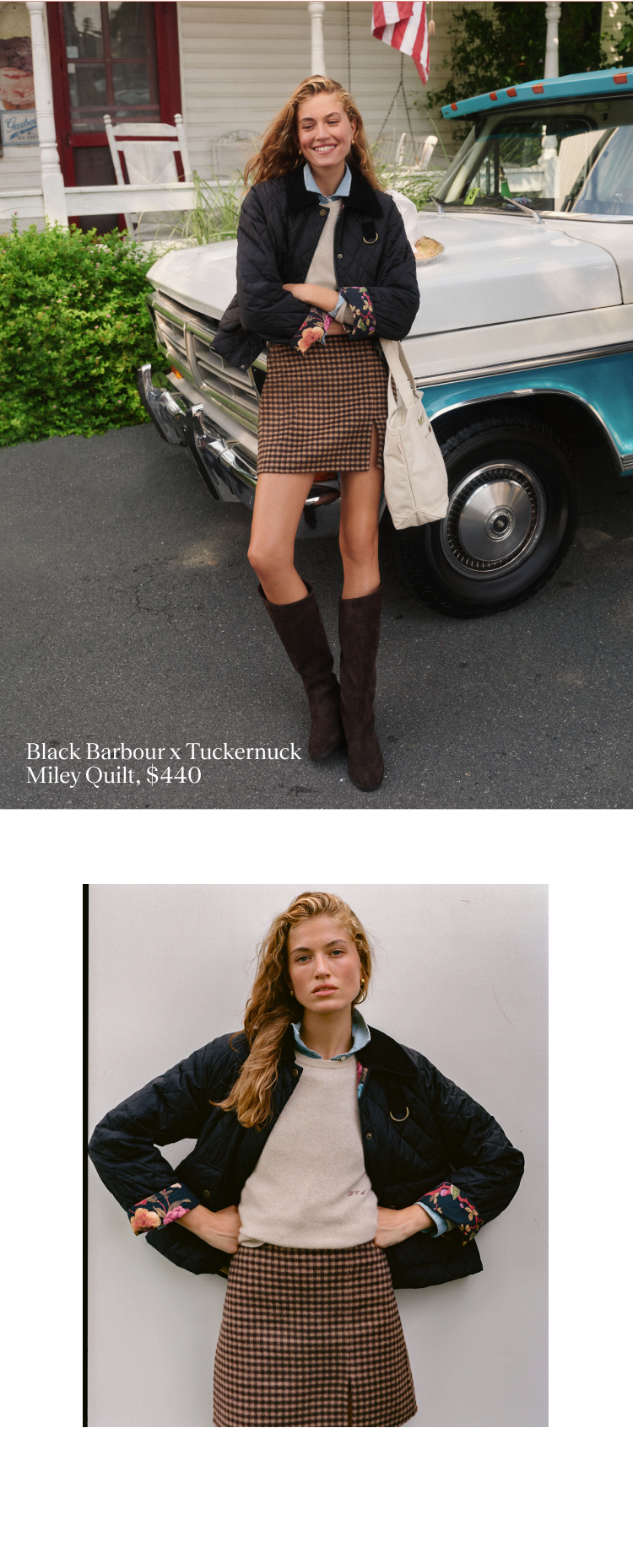 Image one: Woman leaning on a truck in a quilted black jacket and brown check mini skirt with boots. Image two: Woman in a quilted black jacket, tan sweater, and brown check mini skirt.