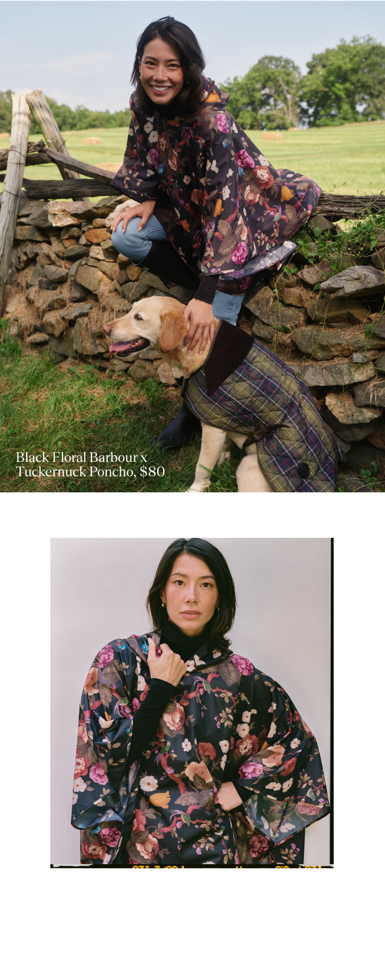 Image one: Woman sitting on a wall petting a dog. Woman is wearing a floral poncho and jeans. Dog is wearing a quilted tartan jacket. Image two: woman in a floral poncho.