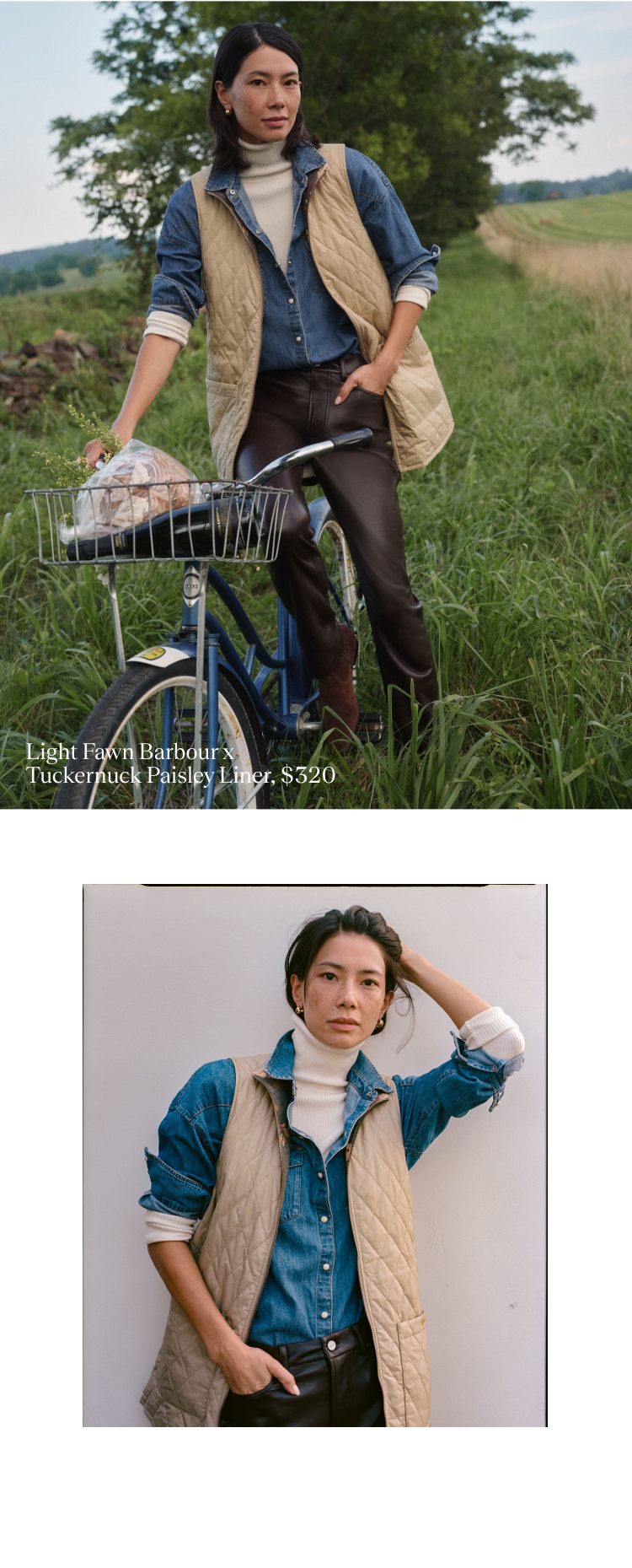 Image One: Woman walking with a bike in tall grass in a tan Barbour vest with a denim shirt, cream turtleneck, and brown leather pants. Image Two: Woman in a tan Barbour vest with a denim shirt, cream turtleneck, and brown leather pants.