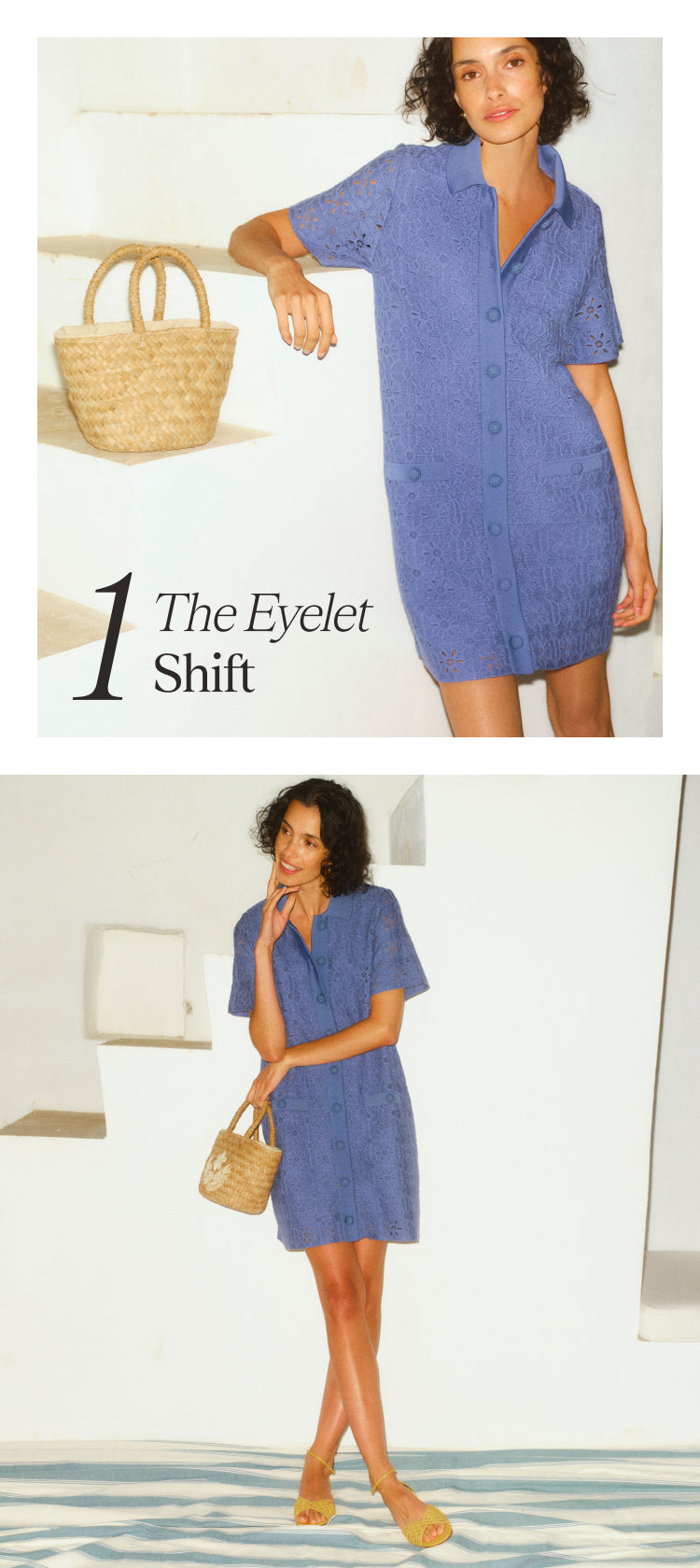 1 The Eyelet Shift Top: Woman leaning on lime washed stairs in a blue eyelet mini shift dress with short sleeves and a collar. Bottom: Woman standing in front of a staircase in a blue eyelet mini shift dress.