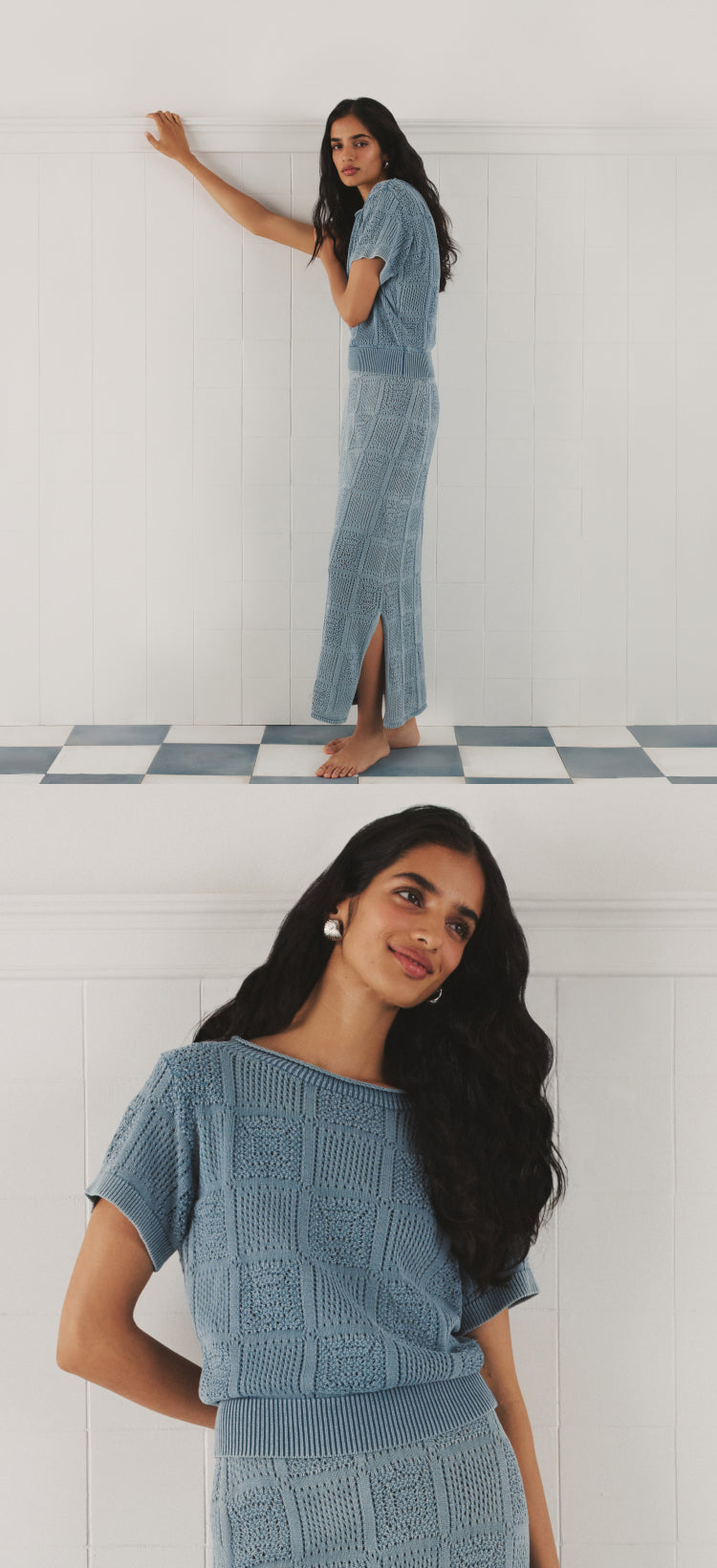 Woman in a blue crochet matching set.