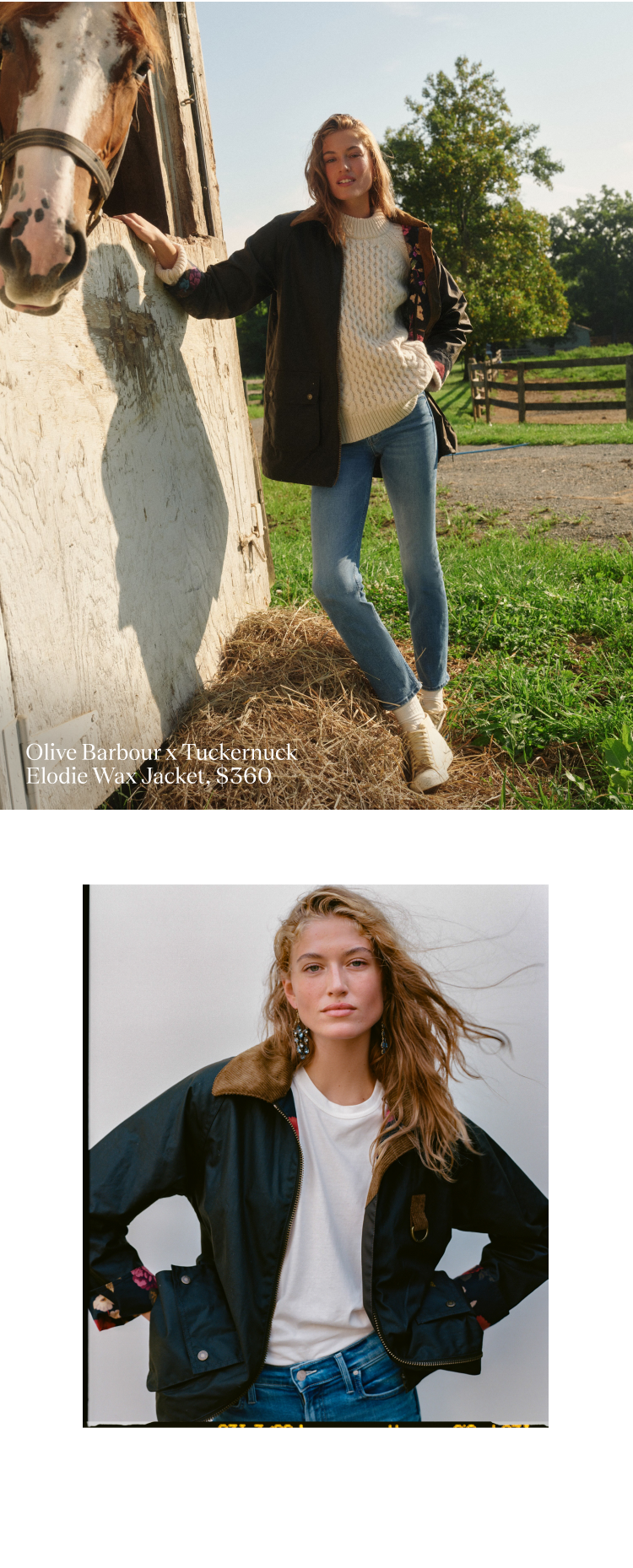 Image one: Woman standing next to a horse in a longer jacket with a cream sweater and jeans. Image two: Woman in a jacket, white tee, and jeans.
