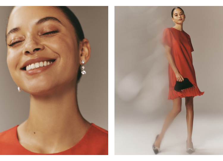 Image one: close up of woman in diamond earrings. Image two: woman in a red mini dress with tassels at the bottom.