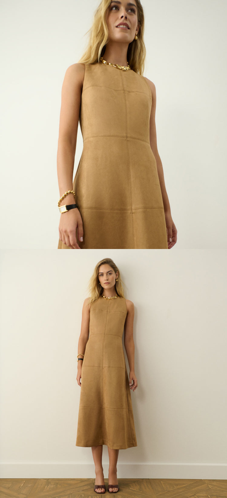 Image one: Close up of woman in a tan sleeveless midi dress. Image two: Woman in a tan sleeveless midi dress and kitten heels.