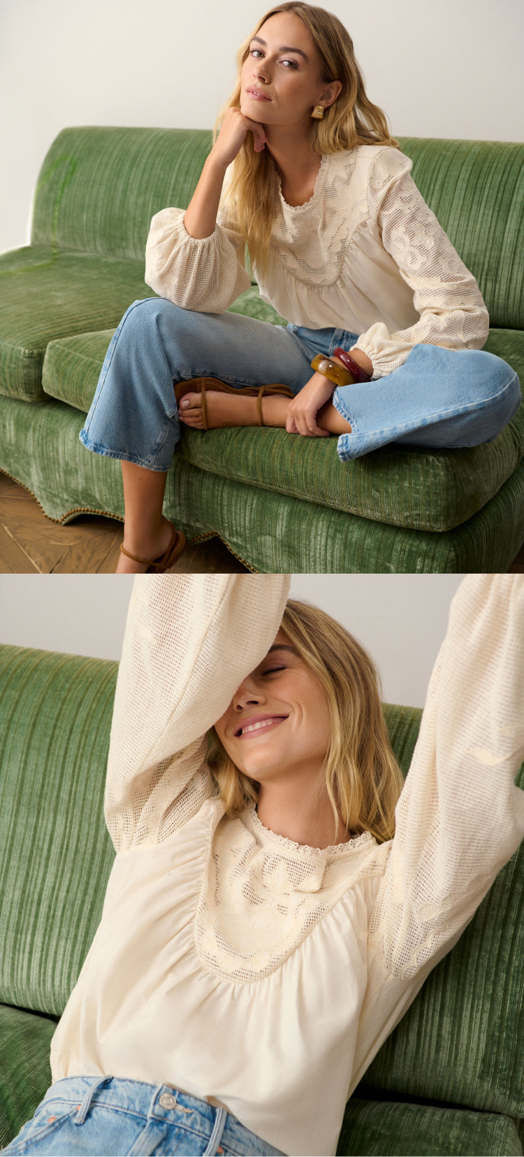 Image one: Woman sitting on a green couch with a white long sleeved top and light wash jeans. Image two: Close up of woman in a white long sleeved top and light wash jeans.