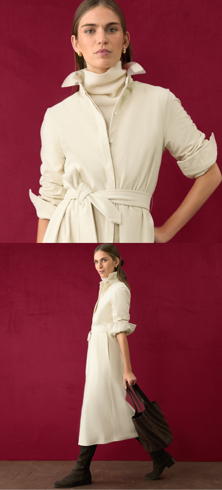 Woman standing in front of a red background in a cream corduroy shirt dress with a turtleneck underneath.