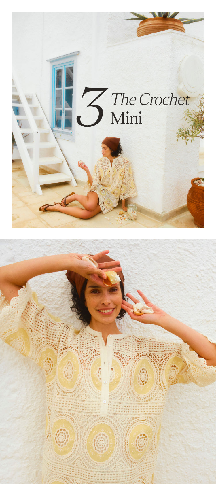 3 The Crochet Mini Top: Woman sitting in front of a white building in a crochet mini dress with yellow accents. Bottom: Woman holding shells and standing in front of a white background in a crochet mini dress with yellow accents.