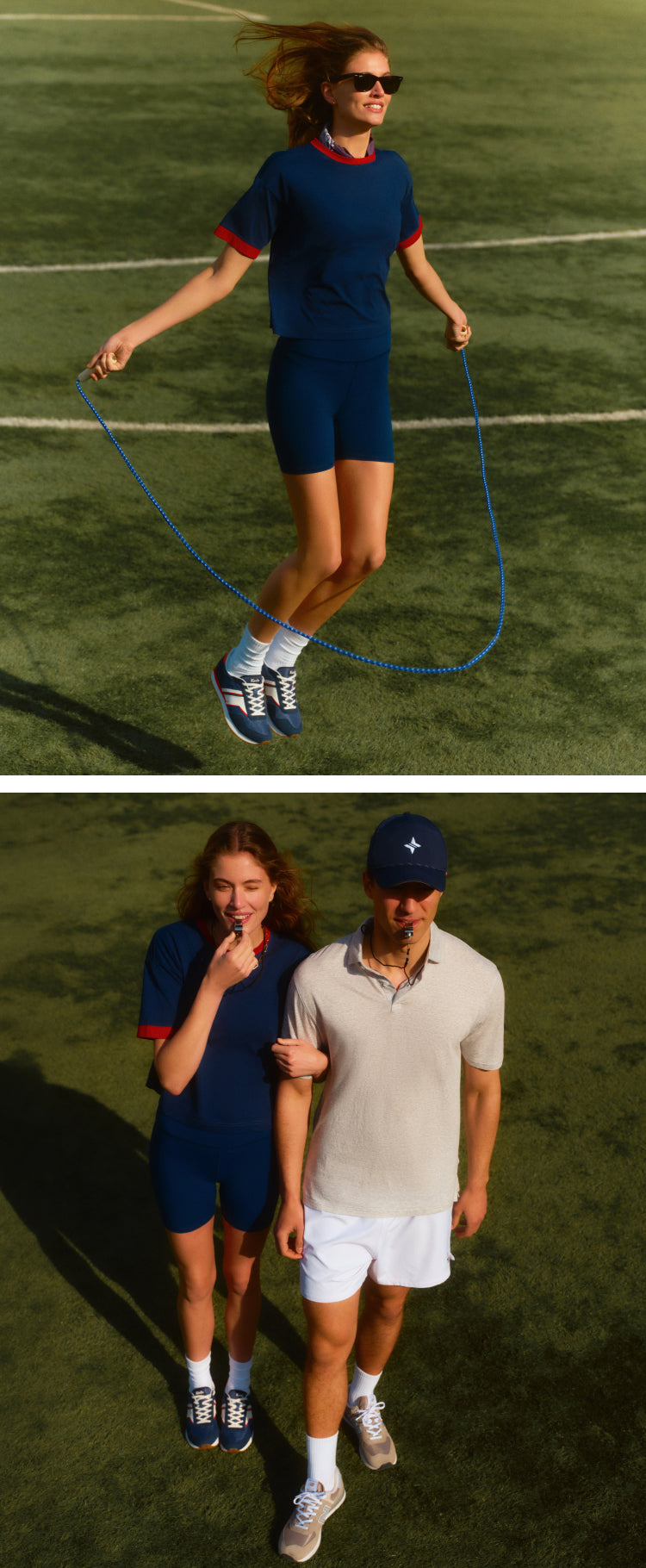 Top: woman jumping rope in a navy tee with red trim and navy shorts. Bottom: couple standing together on a field. Woman is in a navy tee with red trim and navy shorts. Man is in a grey tee and white shorts.