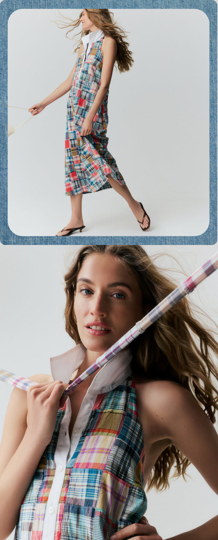 Top: Woman in a madras halter dress with a white collar. Bottom: Closeup of woman in madras dress with white collar.