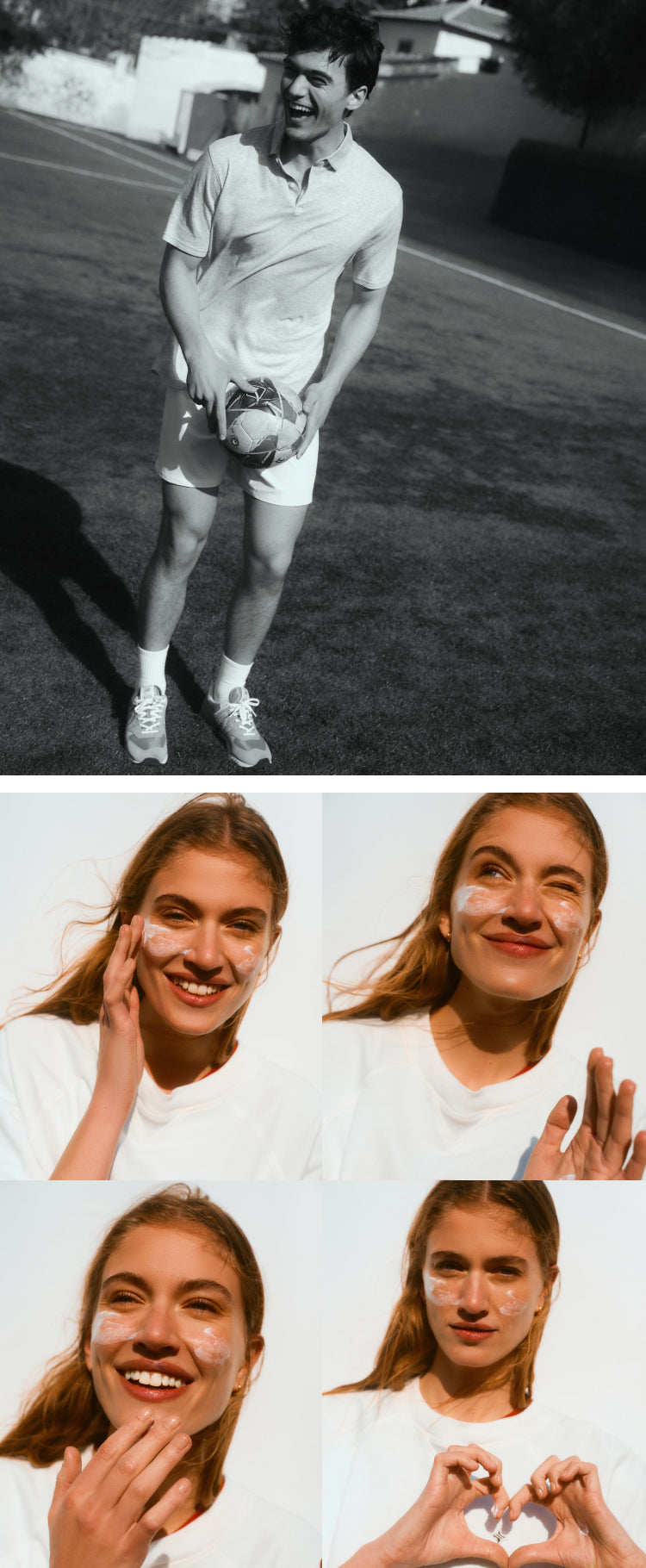 Top: Man holding a soccer ball. Bottom: four images of a woman putting sunscreen on her face.