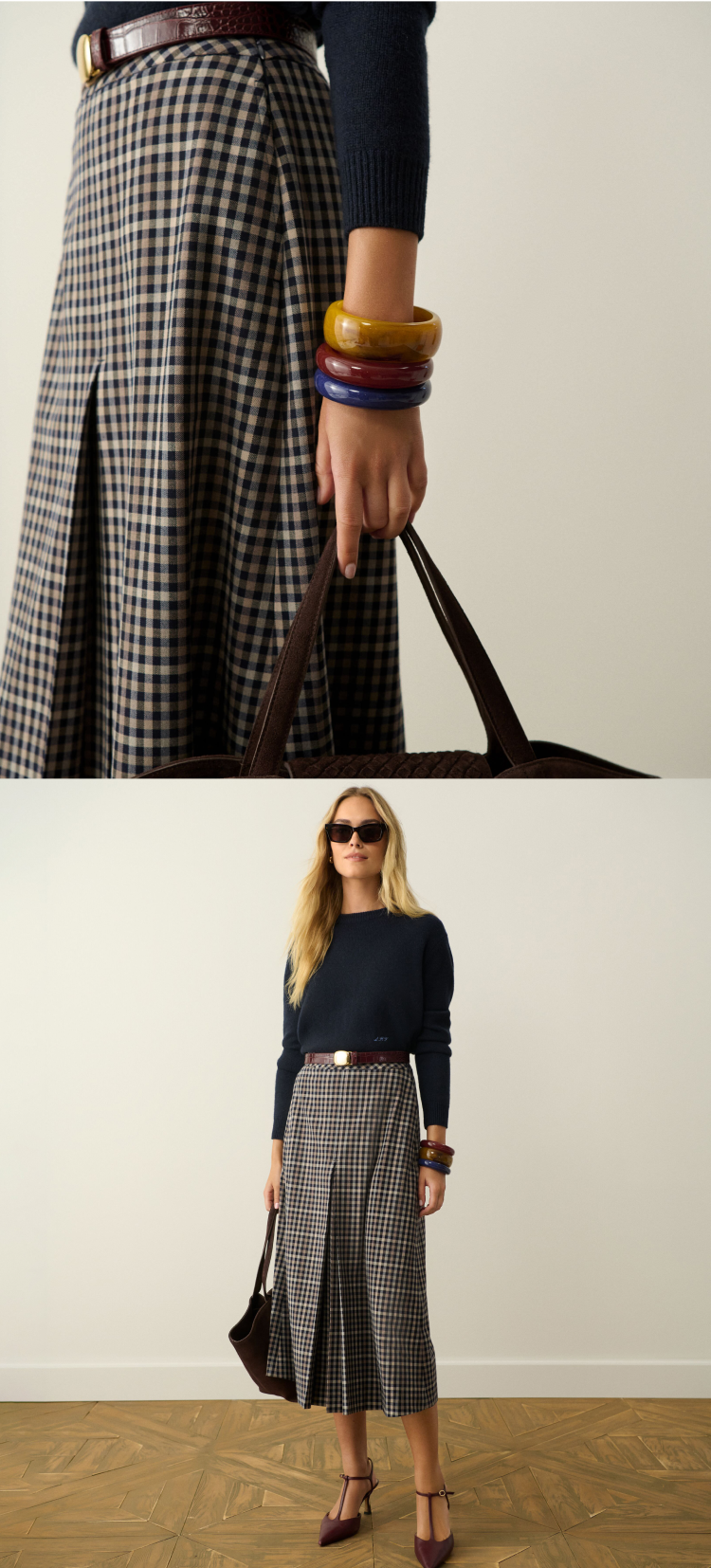 Image one: close up of woman in a check skirt with a tan, red, and blue bangle on her wrist. Image two: Woman in a navy sweater and grey checked midi skirt and oxblood heels.