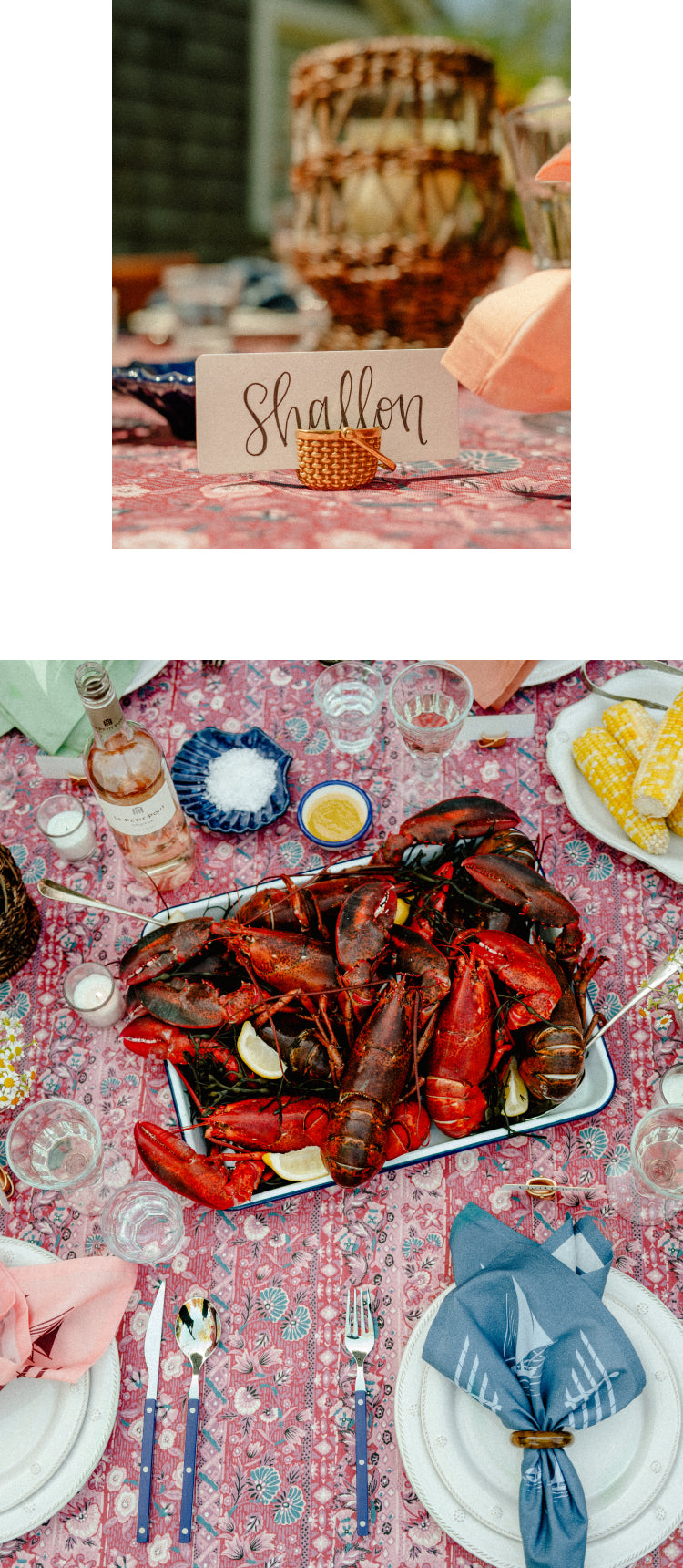 Top: Basket placecard holder holding a placecard that says Shallon. Bottom: A table set with lobster as the centerpiece.