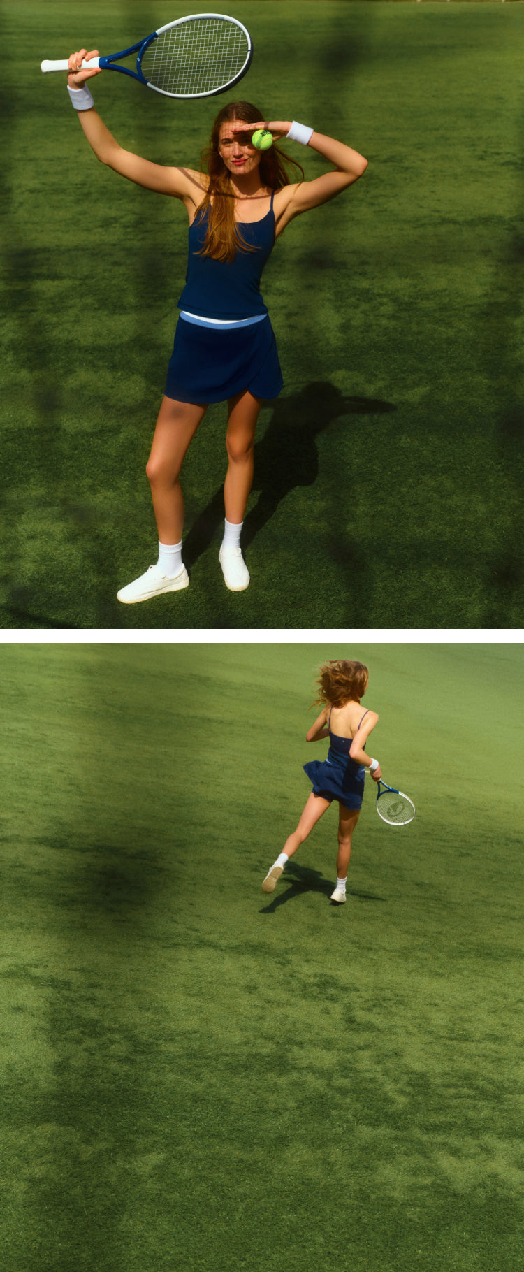 Top: Woman with a tennis racket above her head in a navy tank and skirt. Bottom: Woman running from camera in a navy tank and skirt