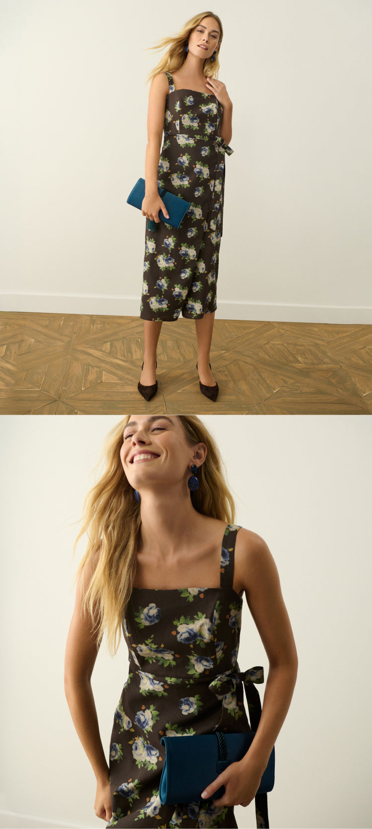Image one: Woman standing in a brown floral midi dress and brown heels holding a blue clutch. Image two: Woman leaning forward in a brown floral dress holding a blue clutch.
