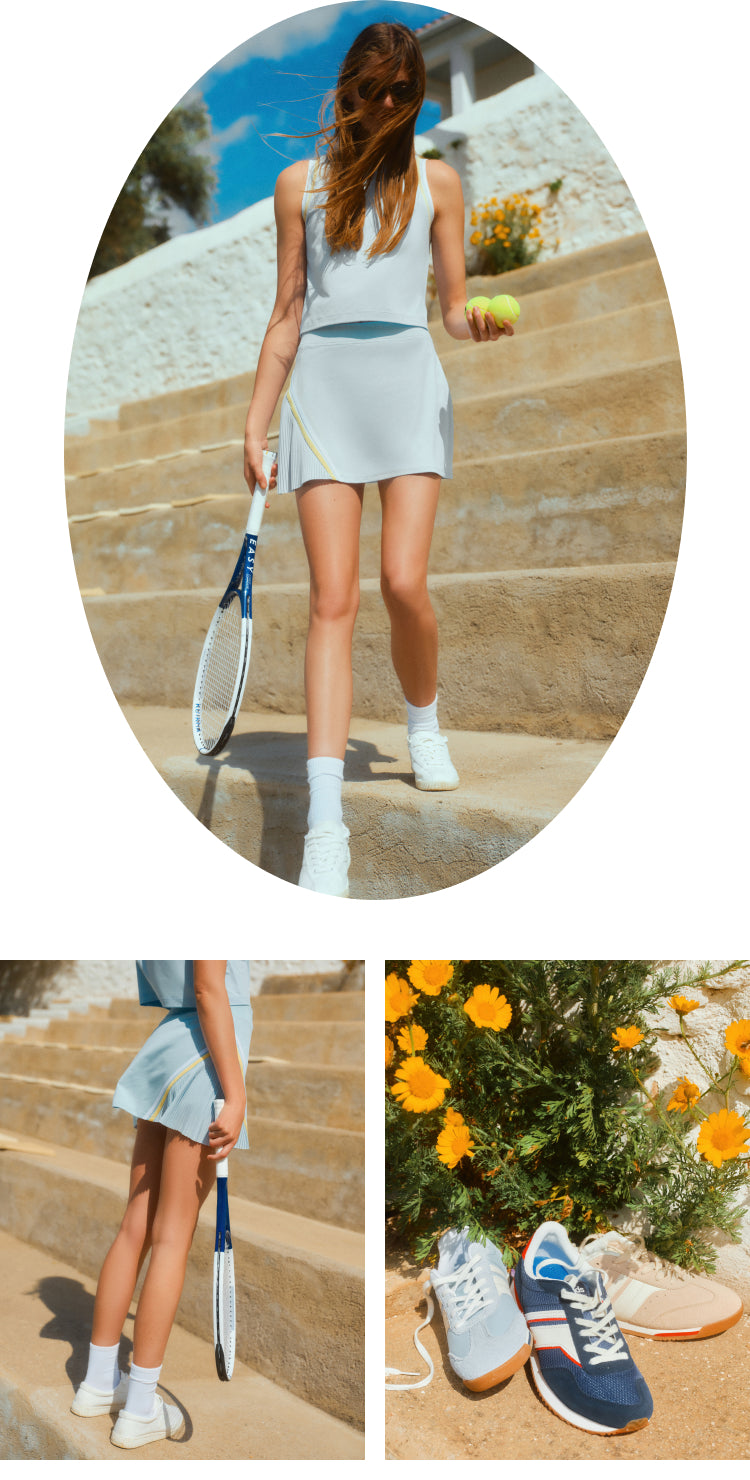 Top: woman walking down stairs holding a tennis racket and two tennis balls in a blue tank and tennis skirt. Bottom Left: Back of a woman's legs wearing a tennis skirt. Bottom Right: three different sneakers.