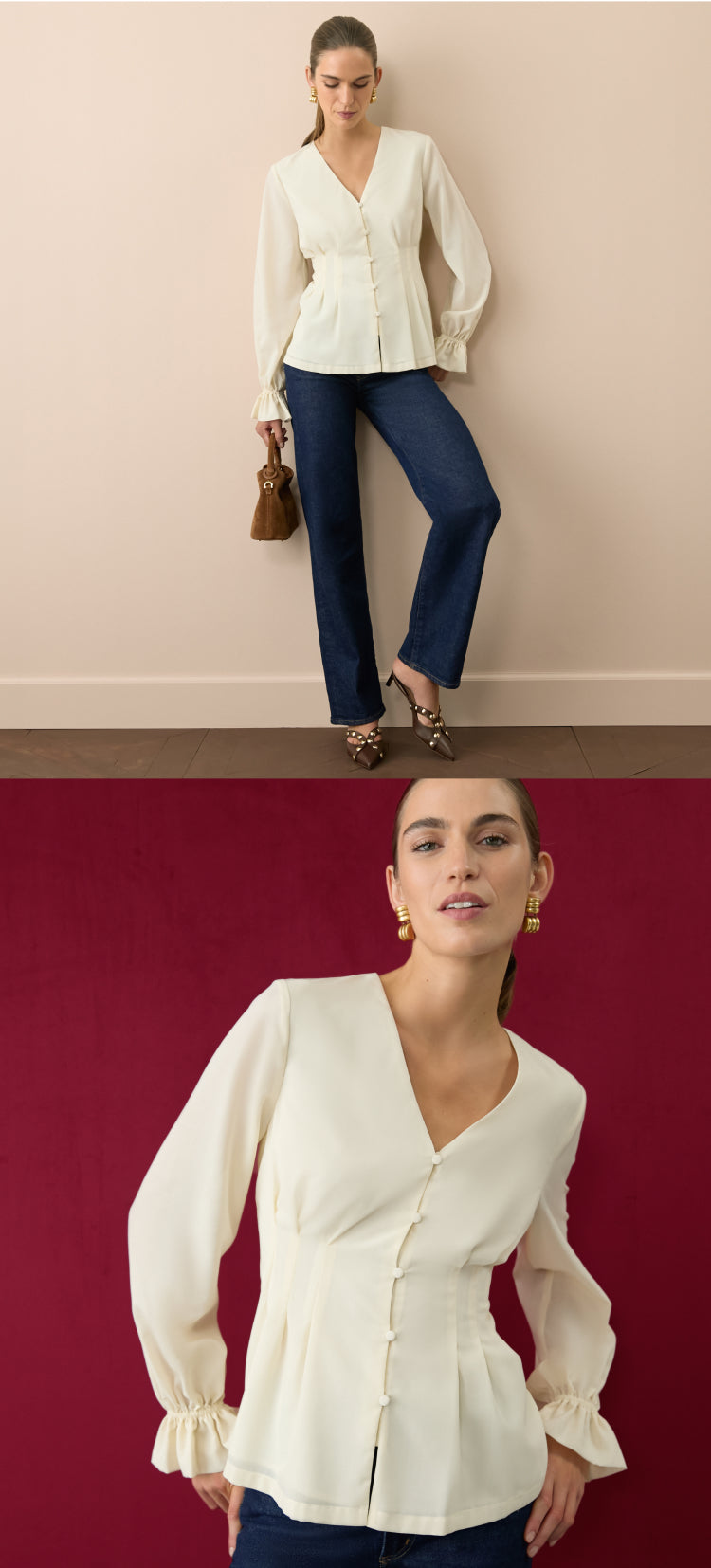 Woman in dark-washed jeans and a long-sleeved cream top.