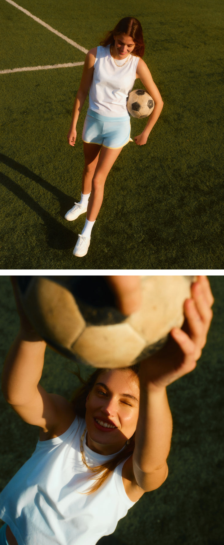 Top: woman on a field holding a soccer ball at her waist in a blue tank and shorts. Bottom: Woman holding soccer ball up to camera in a blue tank.