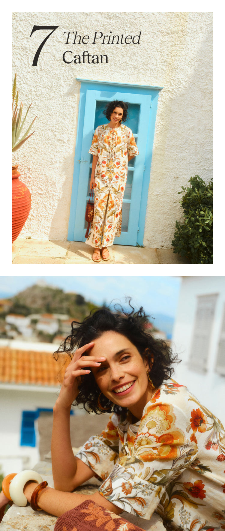 7 the printed caftan. Top: woman standing in front of a blue door in a long, floral printed caftan. Bottom: Close up of woman leaning on a balcony in the floral printed caftan.