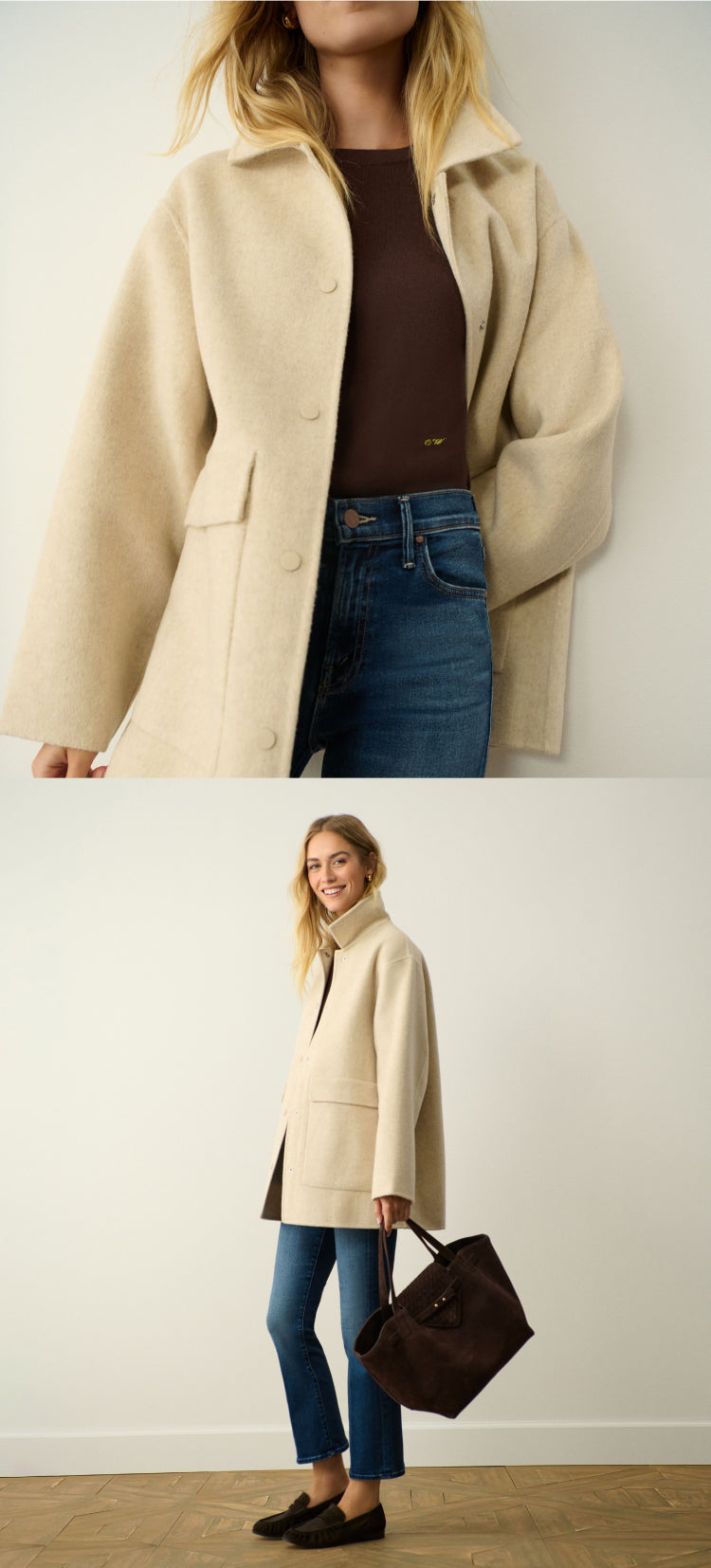 Image one: close-up of woman in a cream colored jacket, a brown top, and jeans. Image two: close-up of a woman in a cream colored jacket, jeans, and brown loafers holding a brown suede bag.