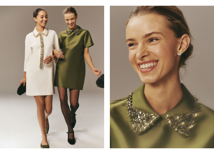 Image one: two women waking arm and arm. One woman is wearing a white long-sleeved mini dress, the other woman is wearing a green short-sleeved mini dress. Image two: a close up image of a woman in a green mini dress.