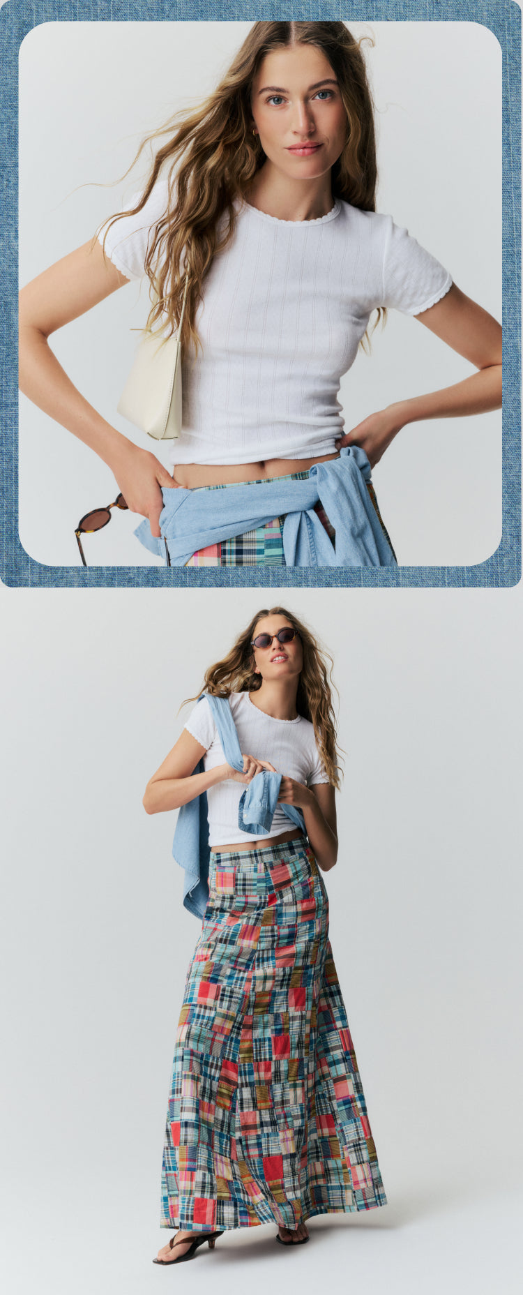 Top: Close up of woman in a white baby tee. Bottom: Woman standing in front of a white backdrop in sunglasses, white baby tee, and madras maxi skirt holding a chambray short behind her.