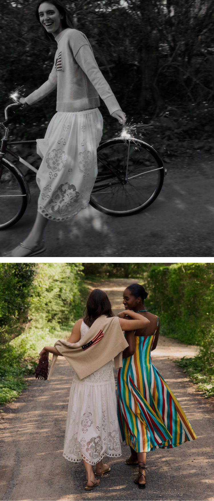 Top: black and white image of woman walking with her bike in an American flag sweater and white dress. Bottom: Two women walking on a dirt road. One in a white dress with a sweater one her shoulders and one in a striped dress.