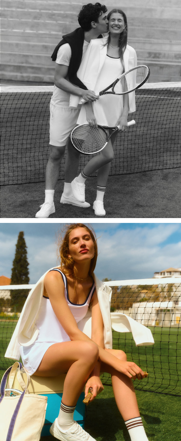 Top: black and white image of a couple on a tennis court. Bottom: woman sitting in front of a tennis net in a white tennis dress and a blazer.
