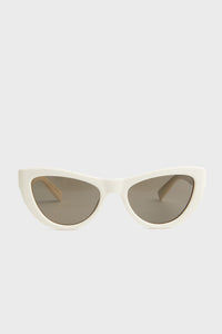 White cat-eye sunglasses by Saint Laurent feature dark lenses, front view, UV protection, and timeless style.