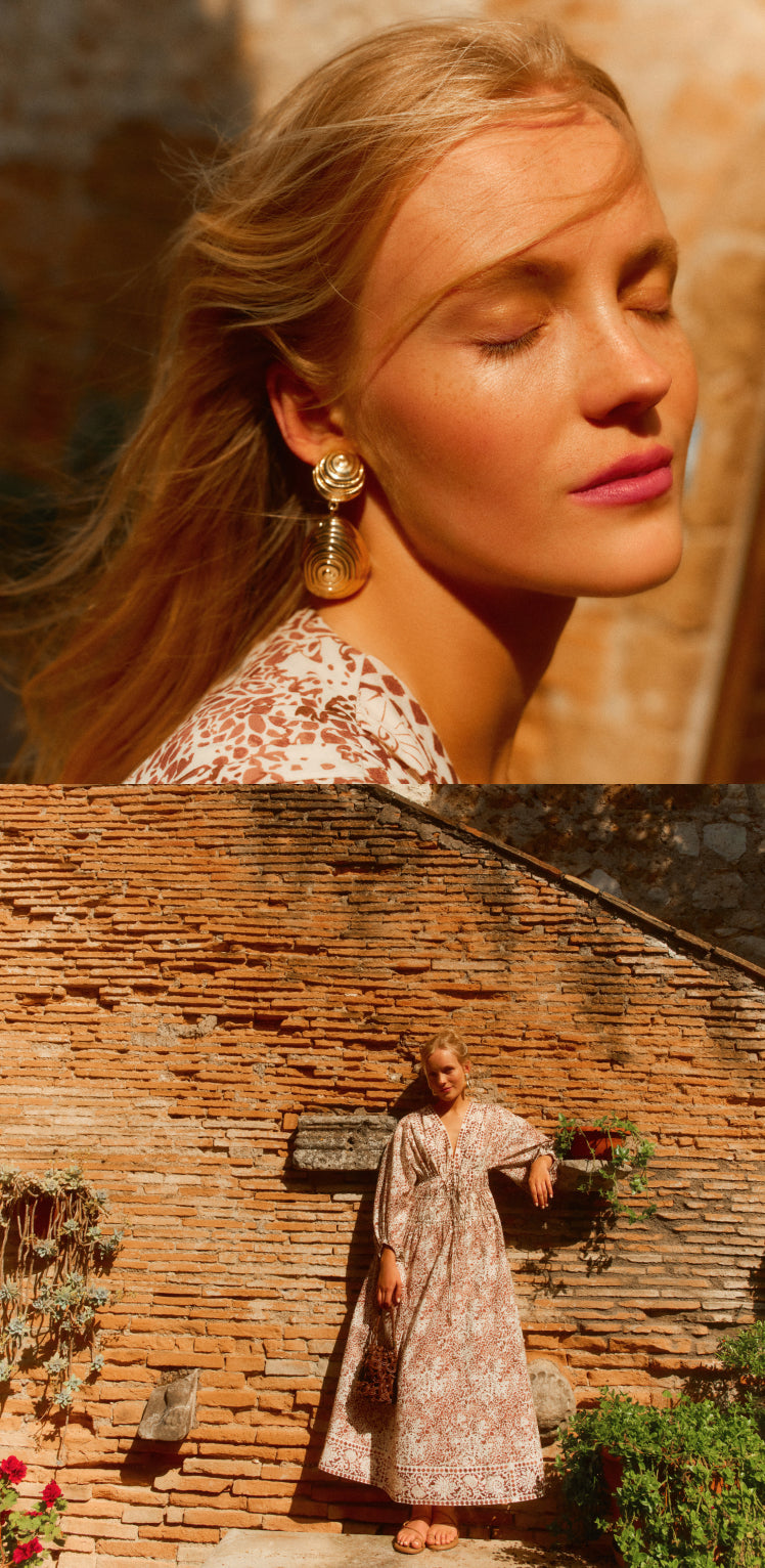 Top: Close up of a woman's face wearing a brown and white printed dress. Bottom: Woman standing in front of a brick wall in a brown and white printed dress.