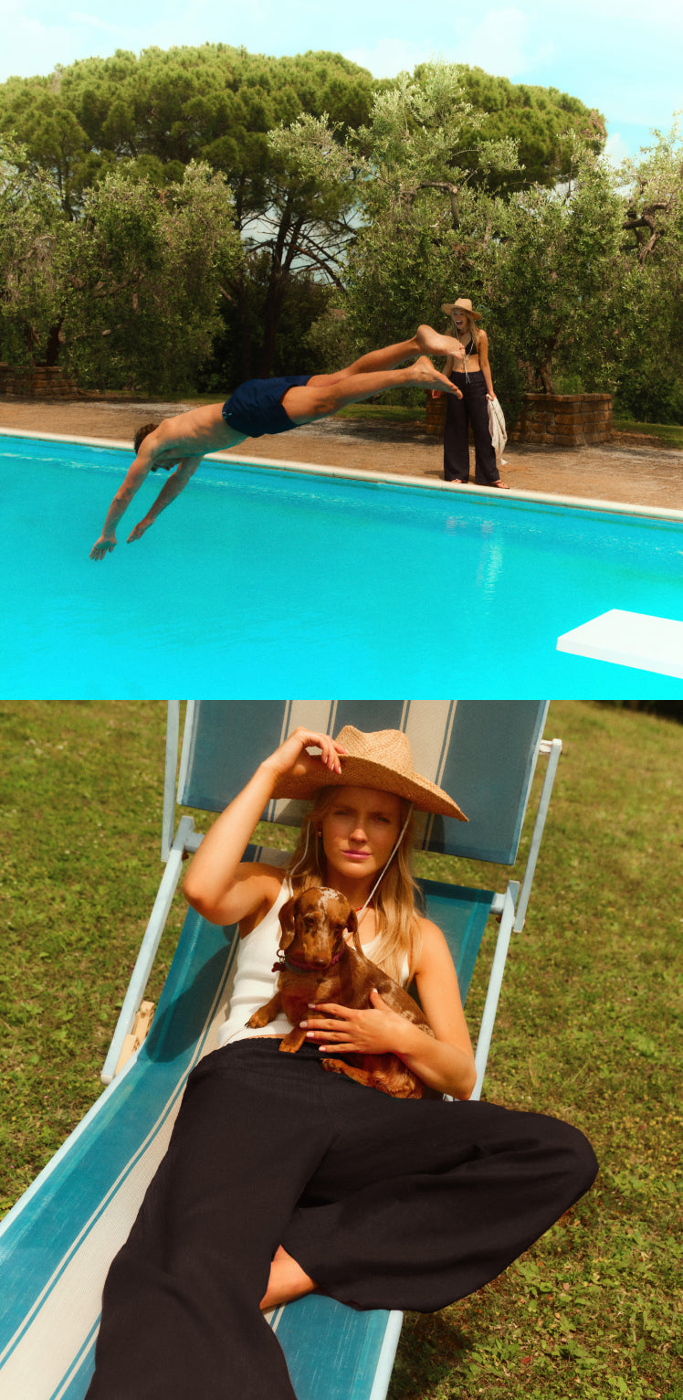 Top: Man diving into a pool. Bottom: Woman on a pool lounger in black pants and a white tank holding a dachshund.