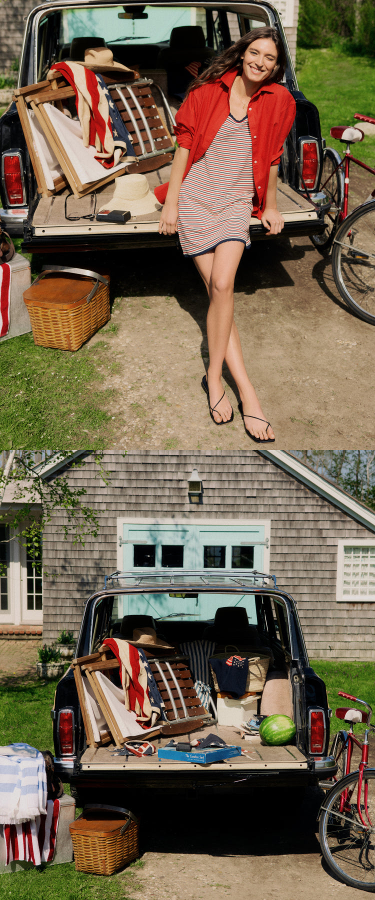 Top: Woman sitting on the trunk of a vintage wagoneer in a red button down and a red, white, and blue striped dress. Bottom: Back of a vintage wagoneer with beach chairs, a watermelon, and other summer essentials.