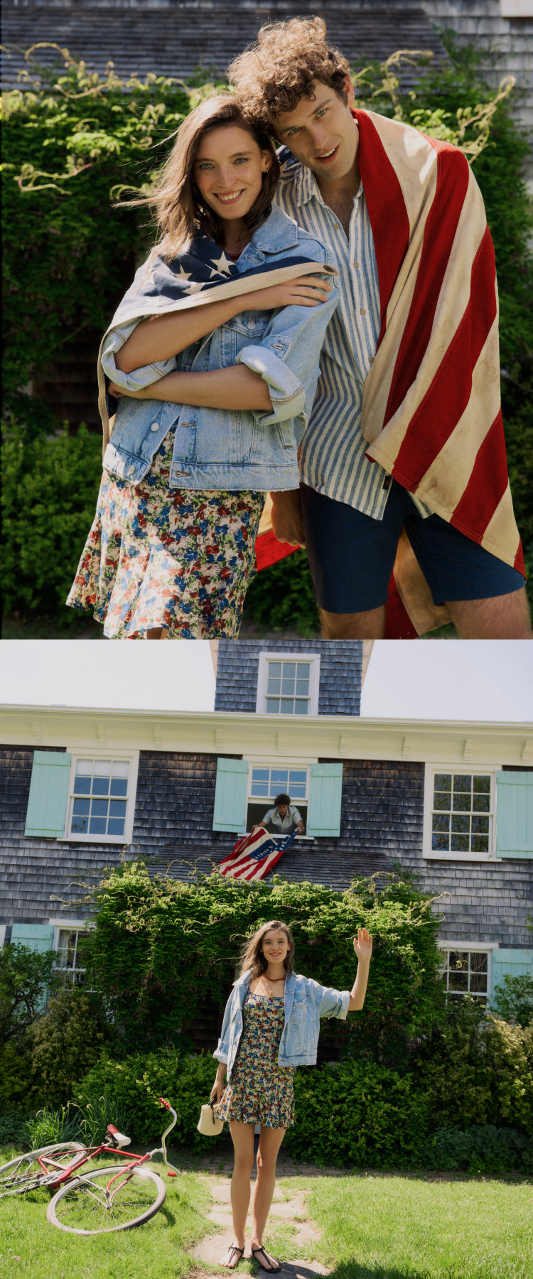 Top: Couple wrapped in an American flag. Woman in a jean jacket and floral printed dress. Man in a blue striped shirt and navy shorts. Bottom: Woman standing and waving outside a house in a jean jacket and floral printed dress.